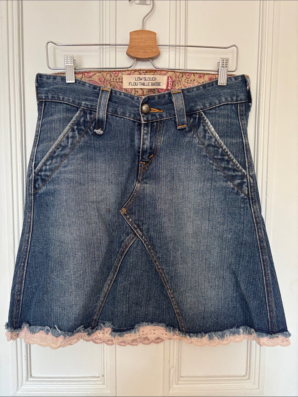 Levi's Blue Denim A-Line Skirt with Pink Lace Hem